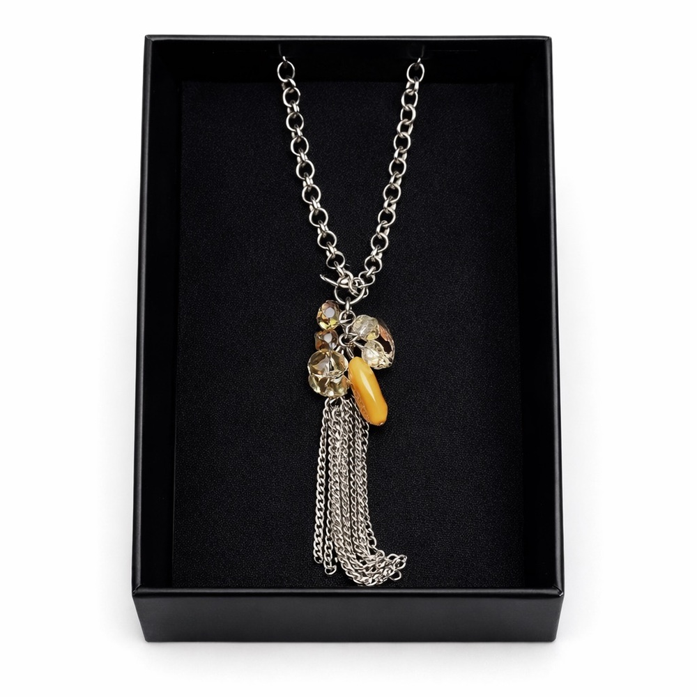 Silver Tassel Pendant Necklace | Crystal Beads & Amber Accent | Statement Chain